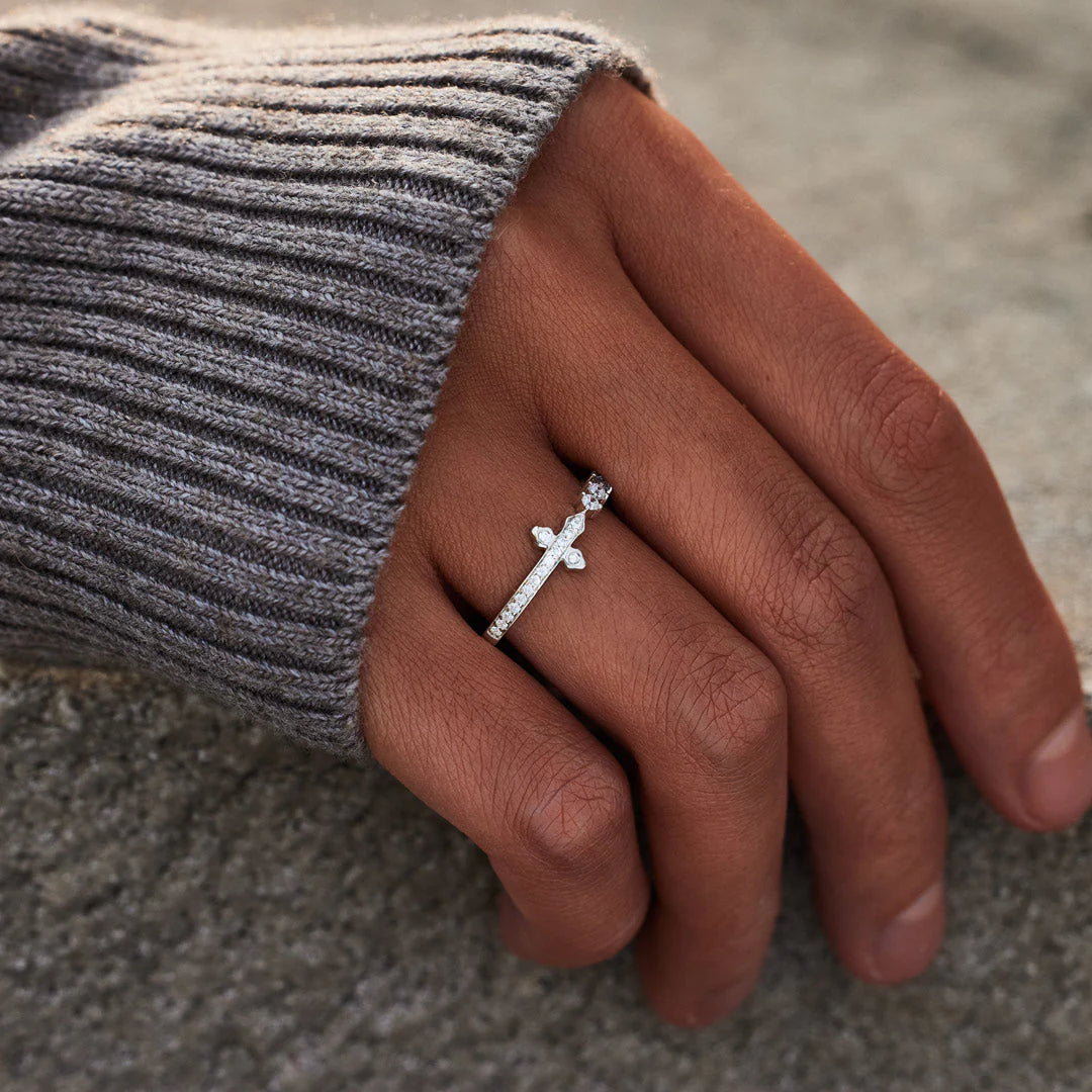 God Pavé Sideways Cross Ring