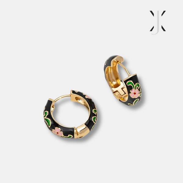 Black Gold Hoop Flower Earrings