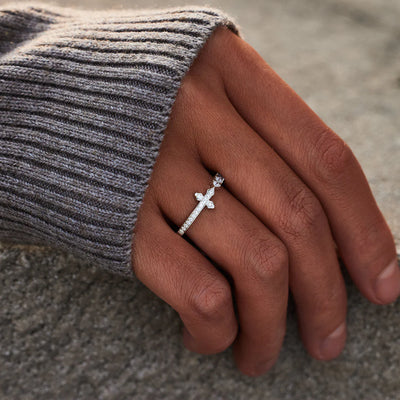 God Pavé Sideways Cross Ring