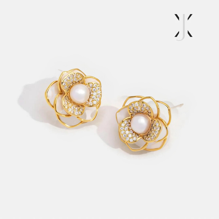 Camelia Flower Pearl Earrings