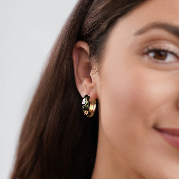 Black Gold Hoop Flower Earrings