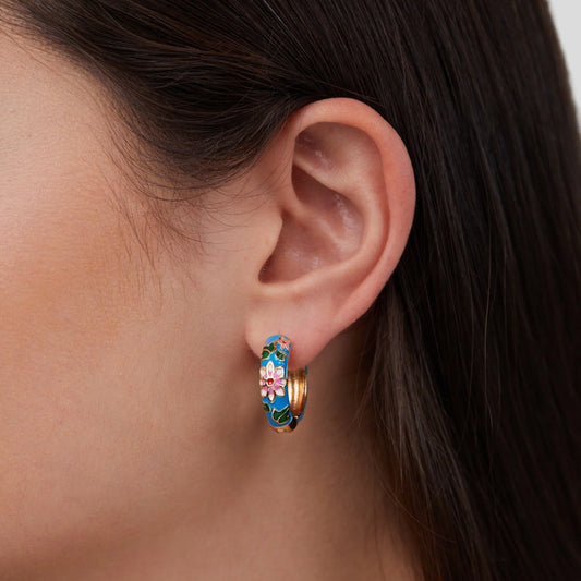 Blue Hoop Flower Earrings